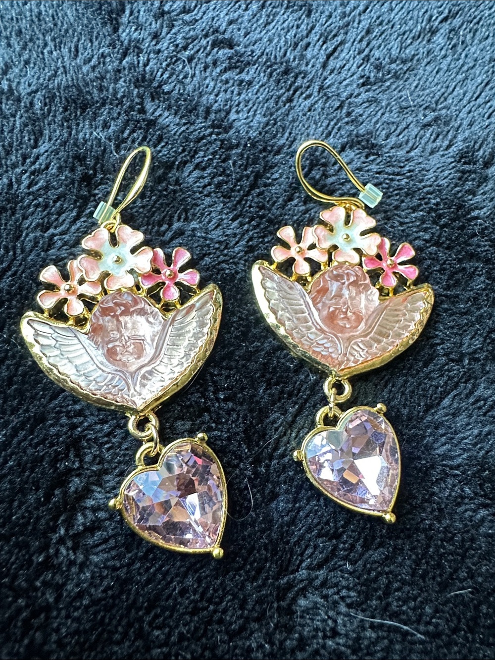 Kirks Folly Gold-Tone Pink Floral Angel Heart Dangle Earrings